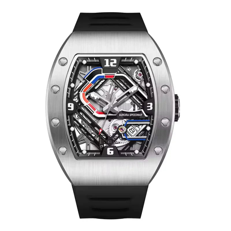 Luxury motorsport-inspired skeleton watch with tonneau case, steel bezel, and black strap