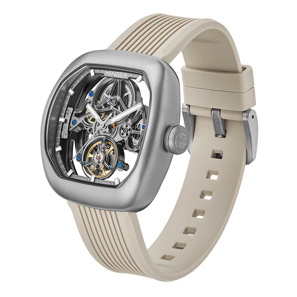 Luxury skeleton watch with tourbillon, carbon fiber case, and beige rubber strap — motorsport-inspired design