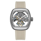 Luxury skeleton watch with visible tourbillon, carbon fiber case, and sporty beige strap — motorsport-inspired design