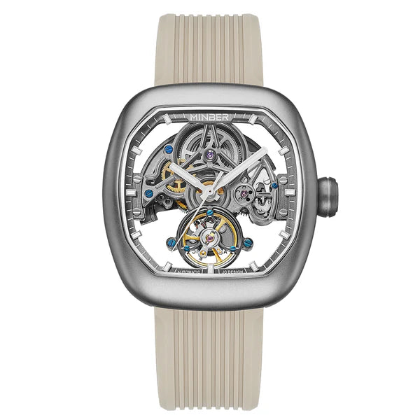Luxury skeleton watch with visible tourbillon, carbon fiber case, and sporty beige strap — motorsport-inspired design