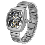 Luxury skeleton watch with silver case, exposed mechanical movement, and sporty metal bracelet — inspired by high-performance racing timepieces.