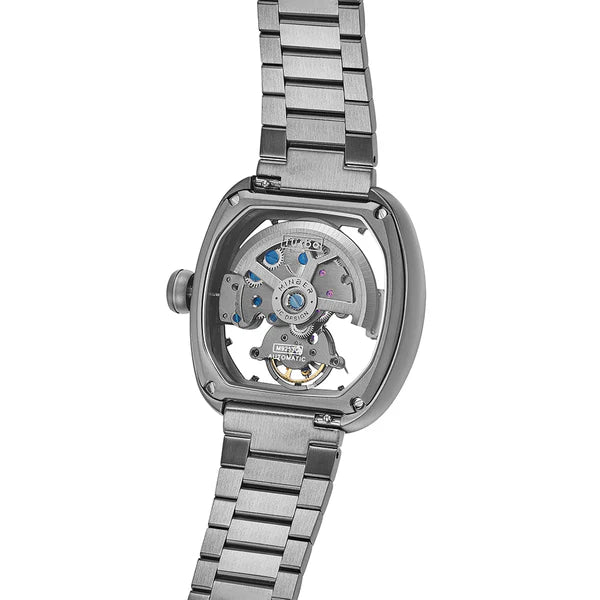 Luxury skeleton watch with exposed mechanical movement, stainless steel case and bracelet, motorsport-inspired design