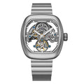 Luxury skeleton watch with visible tourbillon, inspired by motorsport design and European engineering for bold everyday wear.
