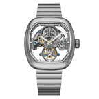 Luxury skeleton watch with visible tourbillon, inspired by motorsport design and European engineering for bold everyday wear.