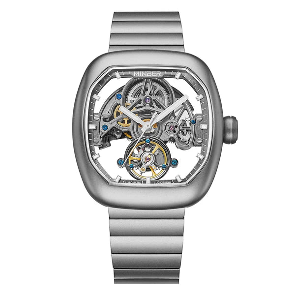 Luxury skeleton watch with visible tourbillon, inspired by motorsport design and European engineering for bold everyday wear.