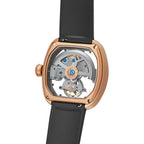 Luxury skeleton watch with rose gold case, black strap, and visible mechanical movement, inspired by high-performance racing timepieces.