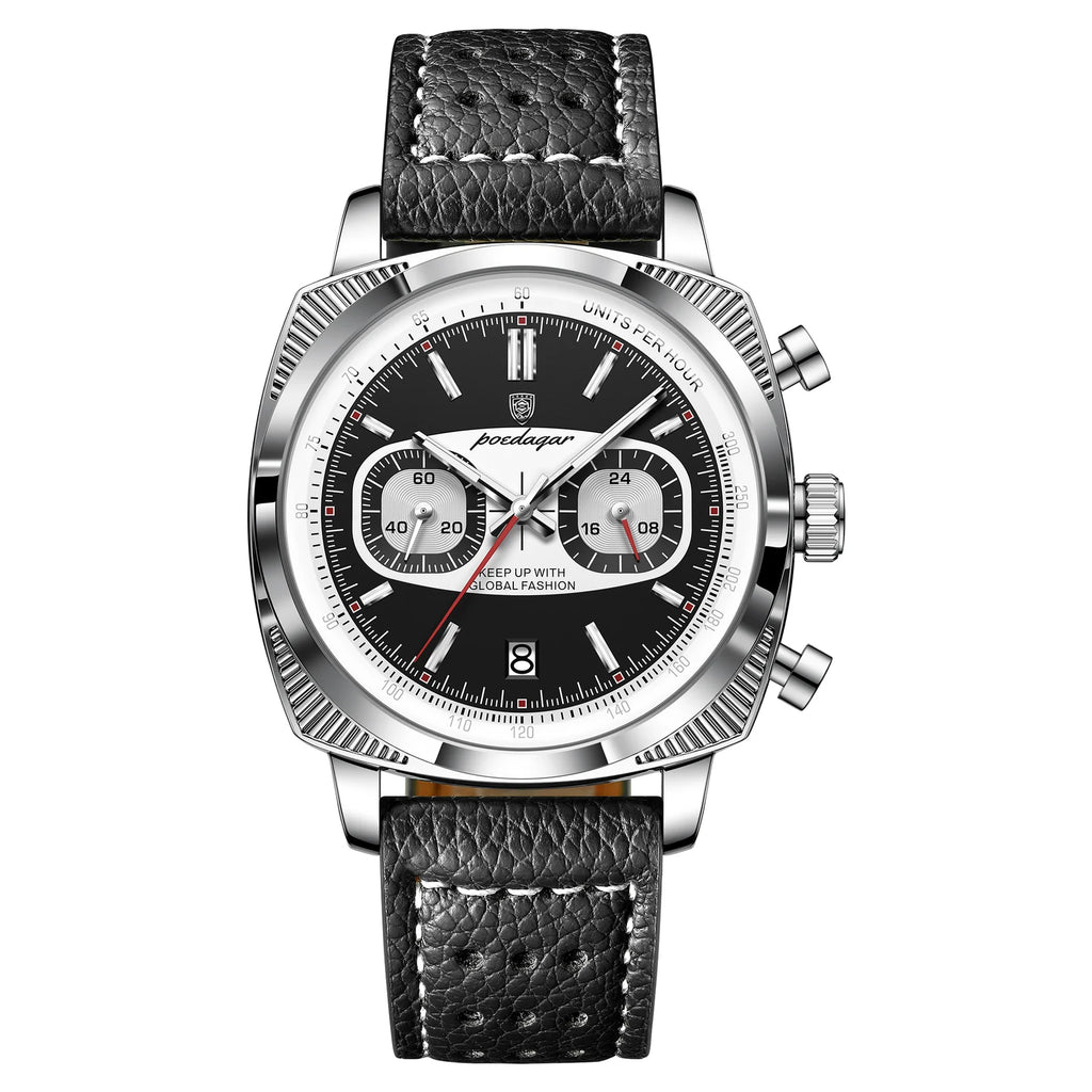 Luxury chronograph watch with black dial, silver case, and textured leather strap — motorsport-inspired design