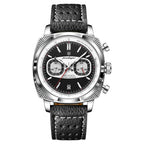 Luxury chronograph watch with black dial, silver case, and textured leather strap — motorsport-inspired design