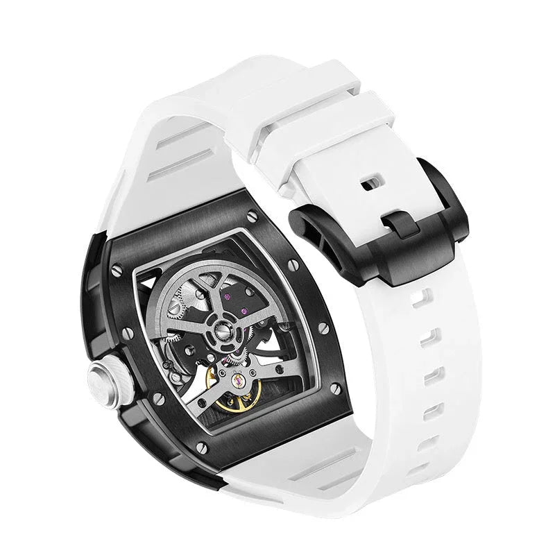 Luxury motorsport-inspired skeleton watch with black case and white strap, open gear design
