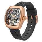 Luxury skeleton watch with rose gold case, black rubber strap, and visible mechanical movement, inspired by motorsport design.