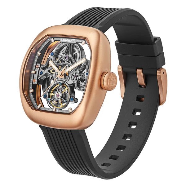 Luxury skeleton watch with rose gold case, black rubber strap, and visible mechanical movement, inspired by motorsport design.