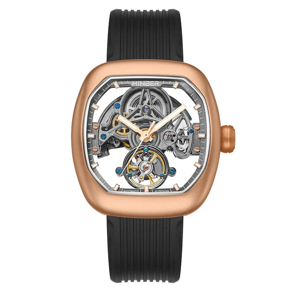Luxury skeleton watch with rose gold case, black rubber strap, and visible mechanical movement, inspired by motorsport design.