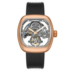 Luxury skeleton watch with rose gold case, black rubber strap, and visible mechanical movement, inspired by motorsport design.