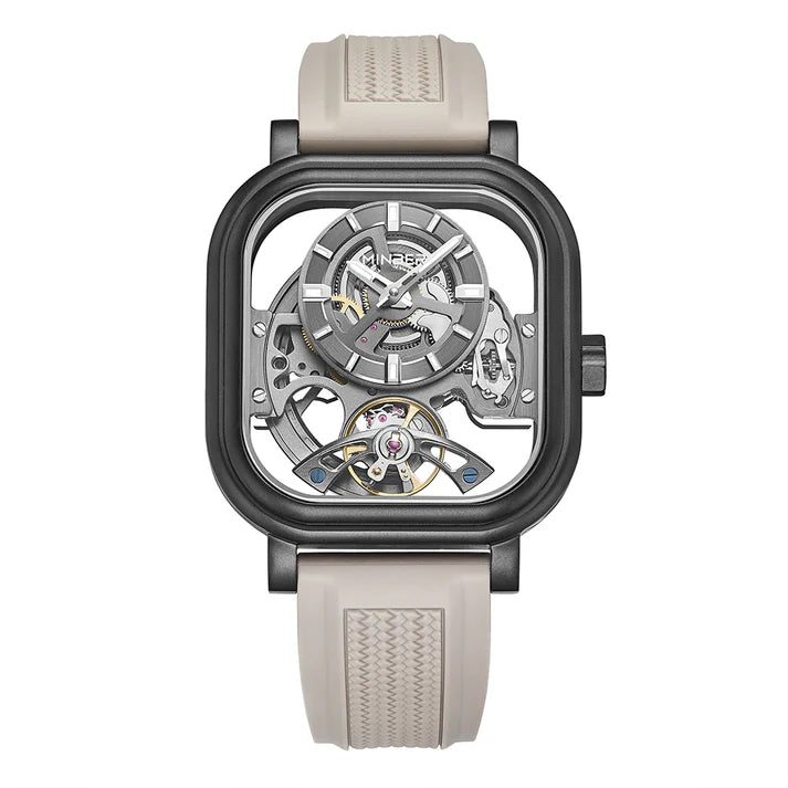 Luxury skeleton watch with carbon fiber case, tourbillon, and sporty rubber strap — motorsport-inspired design