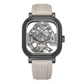 Luxury skeleton watch with carbon fiber case, tourbillon, and sporty rubber strap — motorsport-inspired design