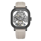 Luxury skeleton watch with carbon fiber case, tourbillon, and sporty rubber strap — motorsport-inspired design