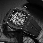 Luxury skeleton watch with carbon fiber case, bold motorsport design, and high-performance chronograph details