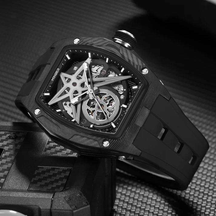 Luxury skeleton watch with carbon fiber case, bold motorsport design, and high-performance chronograph details