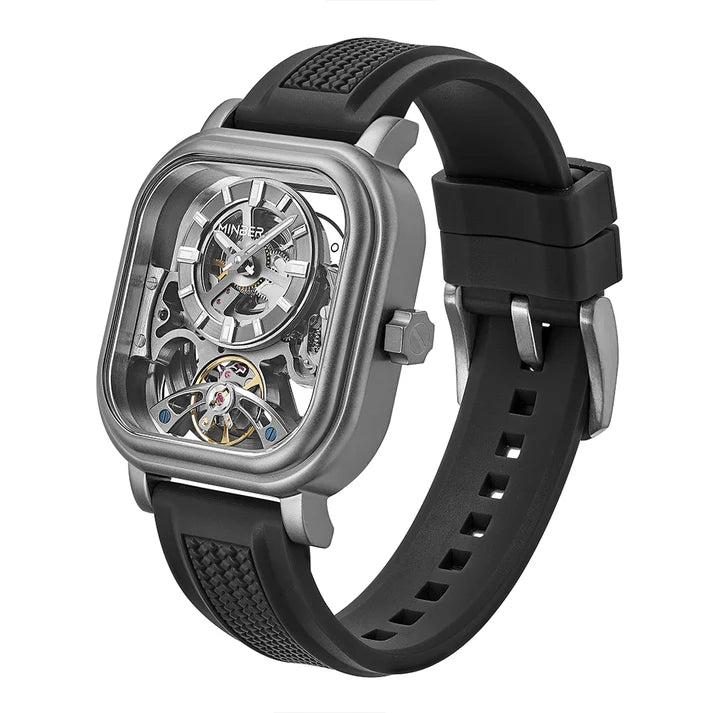 Luxury skeleton watch with carbon fiber case, bold motorsport design, and sporty black strap for everyday wear.