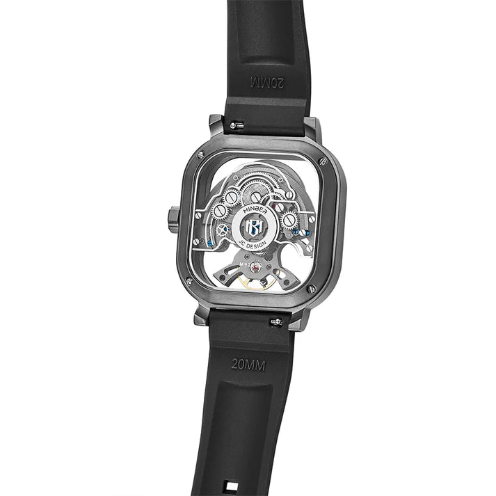 Luxury skeleton watch with exposed mechanical movement, carbon fiber case, and 20mm rubber strap — motorsport-inspired design.