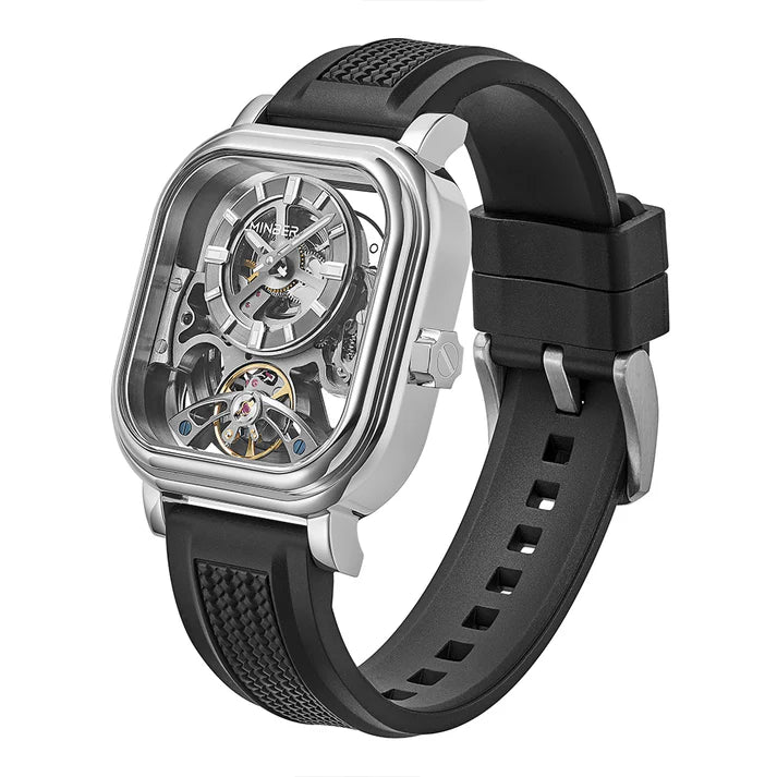 Luxury skeleton watch with exposed tourbillon, carbon fiber case, and black rubber strap — motorsport-inspired design
