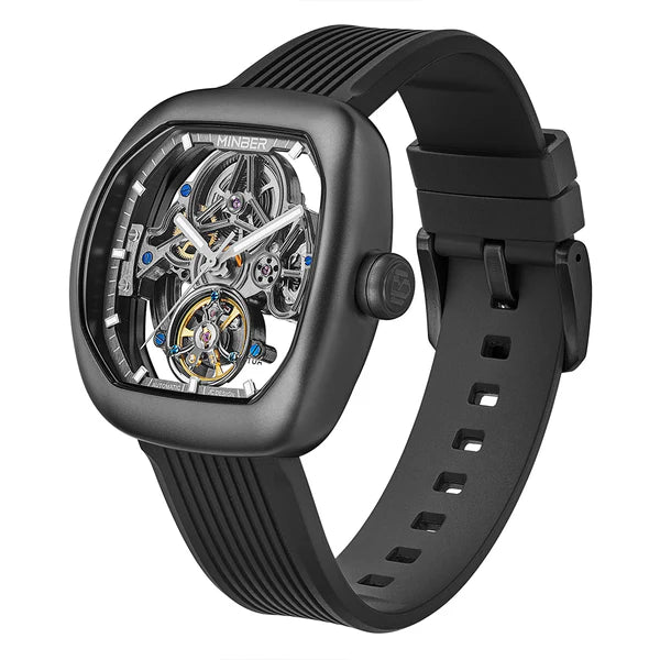 Black skeleton tourbillon watch with carbon fiber case, inspired by luxury motorsport timepieces for bold everyday wear.