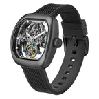 Black skeleton tourbillon watch with carbon fiber case, inspired by luxury motorsport timepieces for bold everyday wear.