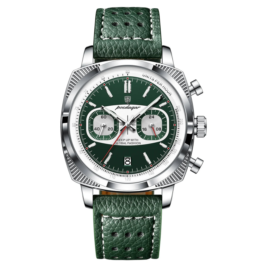 Green dial chronograph watch with perforated leather strap, motorsport-inspired luxury timepiece