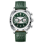 Green dial chronograph watch with perforated leather strap, motorsport-inspired luxury timepiece