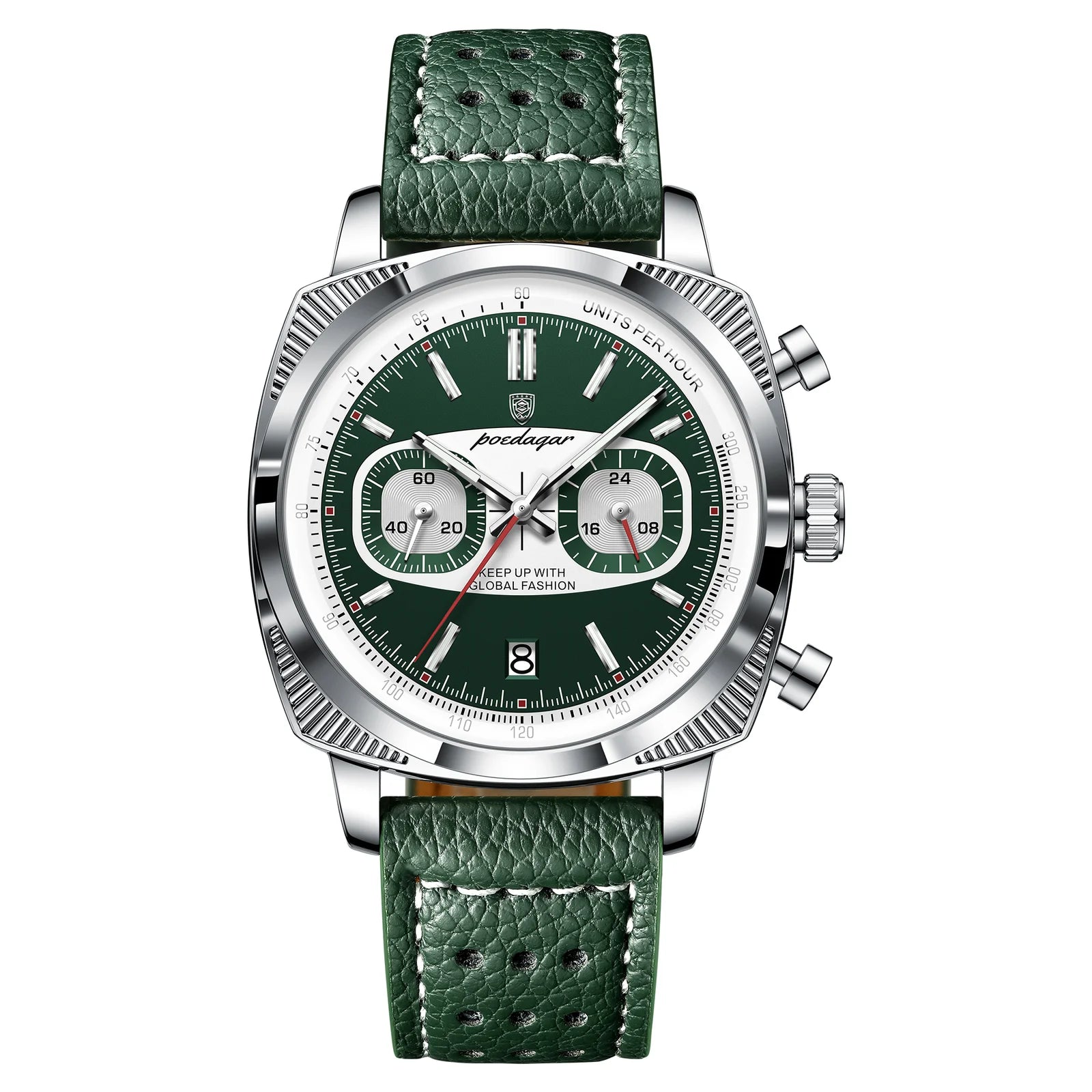 Green dial chronograph watch with perforated leather strap, motorsport-inspired luxury timepiece
