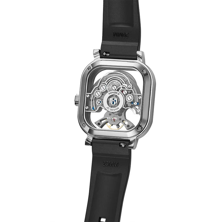 Luxury skeleton watch with exposed mechanical movement, carbon fiber case, and bold sport-luxury design inspired by motorsport.