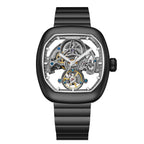 Luxury skeleton watch with carbon fiber case, inspired by motorsport design and high-performance chronographs.