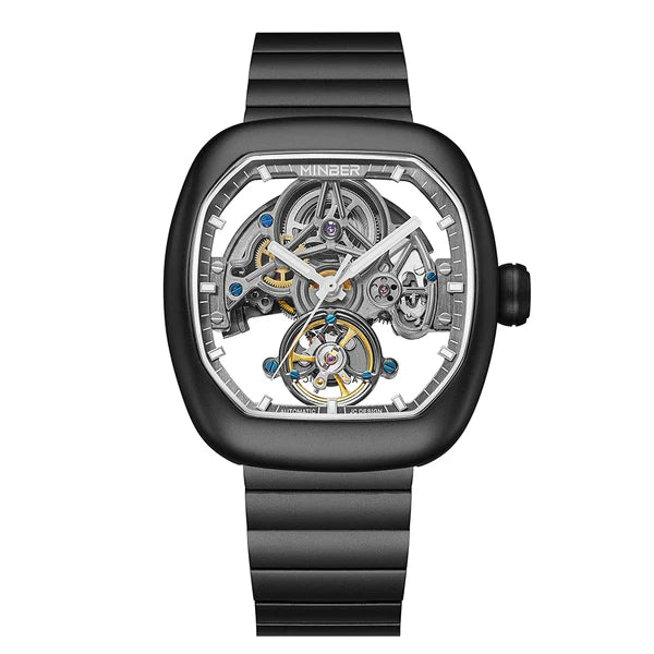 Luxury skeleton watch with carbon fiber case, inspired by motorsport design and high-performance chronographs.