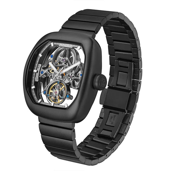 Black skeleton watch with exposed mechanical movement, bold sport-luxury design inspired by motorsport performance