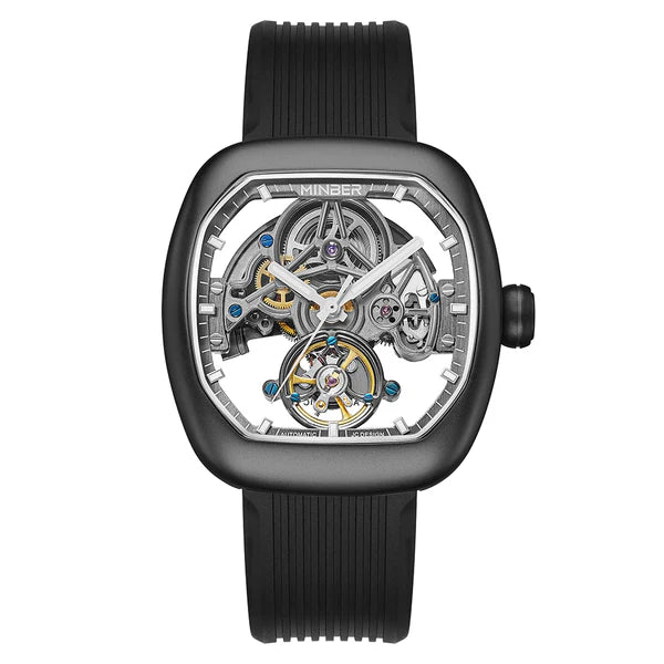 Luxury skeleton tourbillon watch with carbon fiber case, inspired by motorsport design and European craftsmanship
