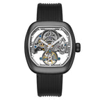 Luxury skeleton tourbillon watch with carbon fiber case, inspired by motorsport design and European craftsmanship