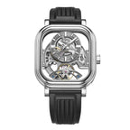 Luxury skeleton watch with visible tourbillon, inspired by motorsport design and European craftsmanship.