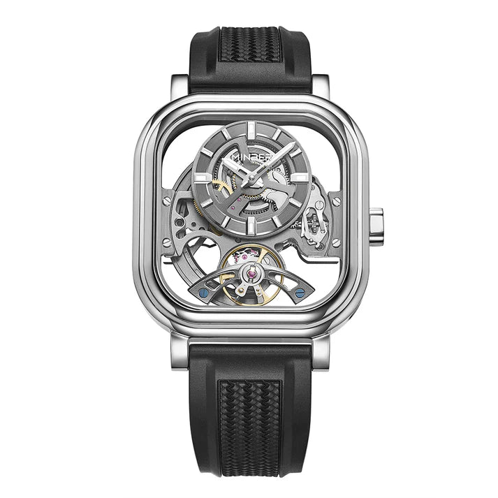 Luxury skeleton watch with visible tourbillon, inspired by motorsport design and European craftsmanship.