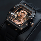Luxury tonneau-shaped skeleton watch with rose gold dragon motif, bold motorsport-inspired design