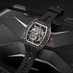 Luxury skeleton watch with carbon fiber case, rose gold accents, and bold motorsport design for everyday wear