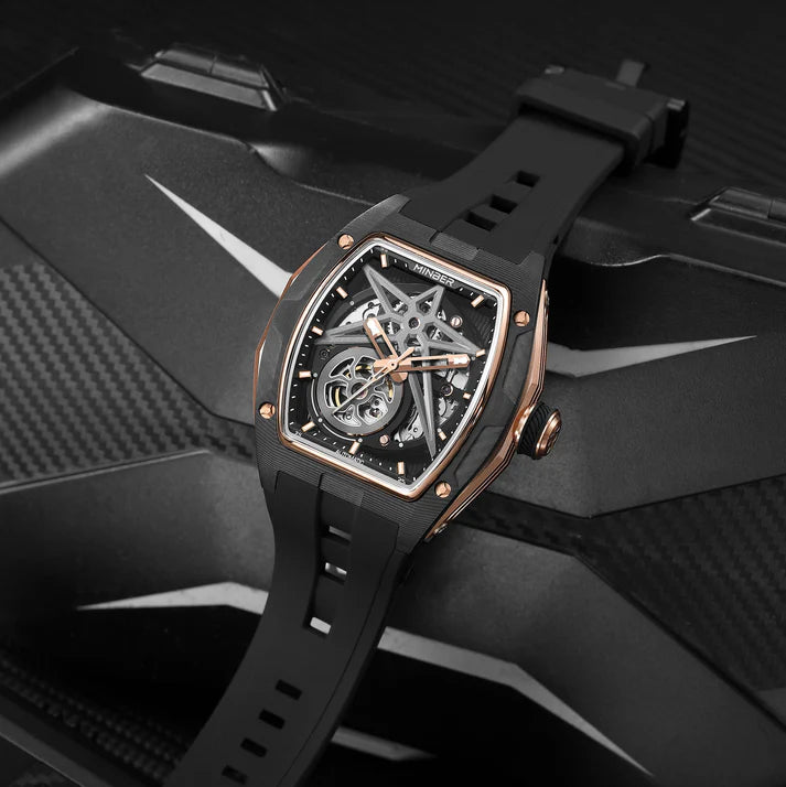 Luxury skeleton watch with carbon fiber case, rose gold accents, and bold motorsport design for everyday wear