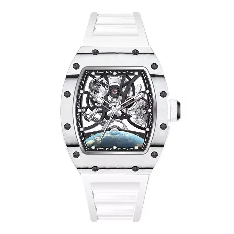 White tonneau-shaped skeleton watch with moon and earth design, inspired by motorsport luxury.
