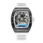 Luxury tonneau watch with skeleton dial, space-themed design, white strap, bold sport-luxury style