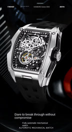 Motorsport-inspired automatic mechanical watch with bold skeleton dial, racing-style case, and rubber strap