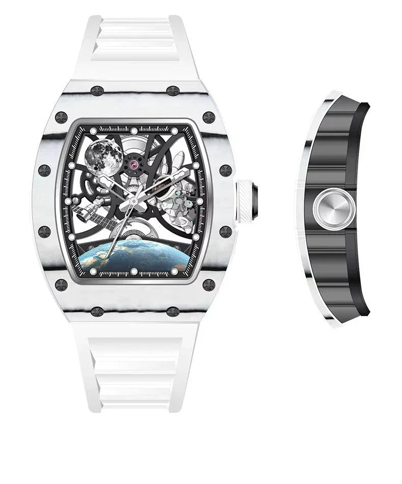 White tonneau-shaped skeleton watch with celestial-themed dial, moonphase display, and bold motorsport-inspired design