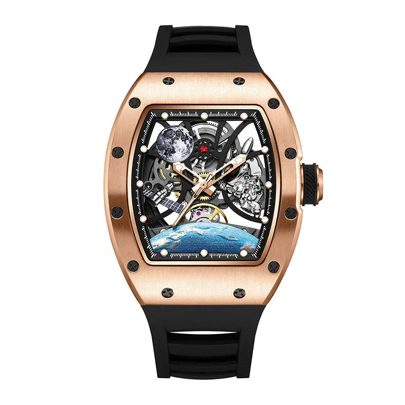Luxury skeleton watch with a rose gold case, space-themed dial, and black rubber strap.