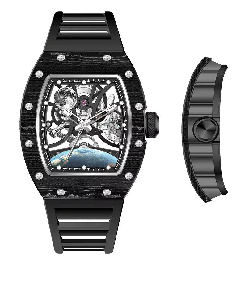 Luxury racing-inspired skeleton watch with black case, mechanical dial, and moonphase detail