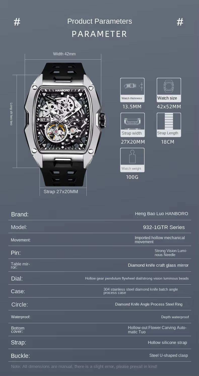 Racing-inspired skeleton dial luxury watch with stainless steel case, automatic movement, and silicone strap.