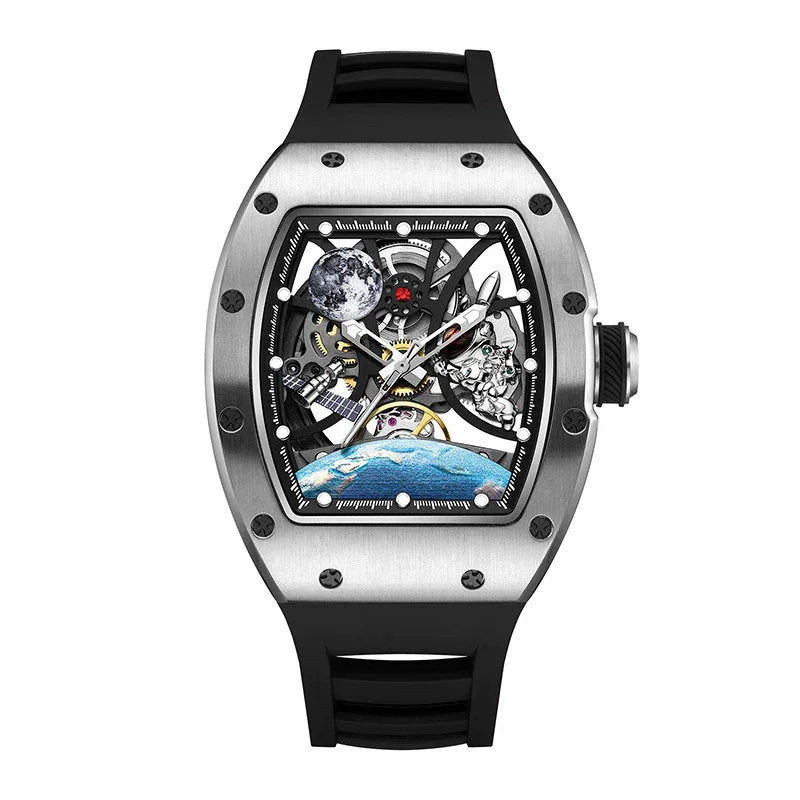 Luxury tonneau-shaped skeleton watch with space-themed dial, black strap, exposed gears, and astronaut detail