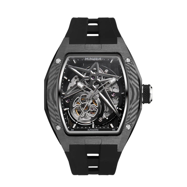 Carbon fiber skeleton watch with bold motorsport design, automatic movement, and sport-luxury style
